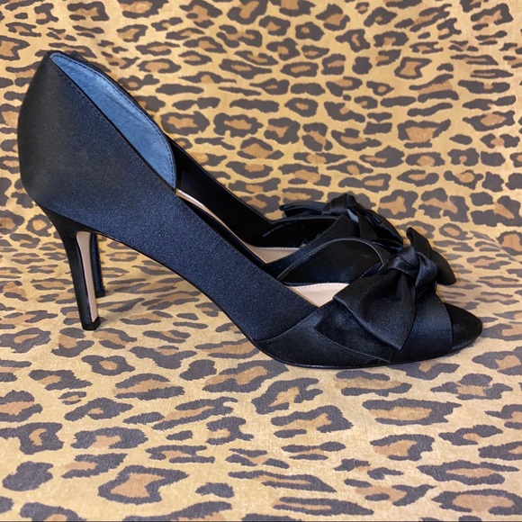 NINA Black Satin Bow Open Toe Pumps Sz 9.5 - Picture 3 of 9